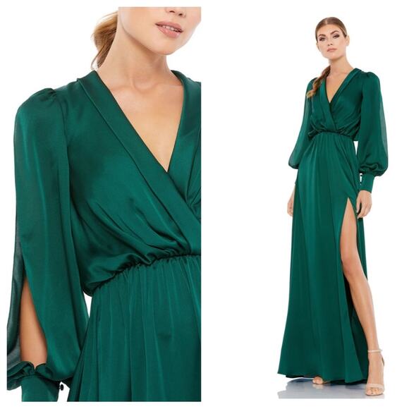 NWT MAC DUGGAL 49146 Deep Green Bishop Sleeve Faux Wrap Maxi Gown Women’s - Picture 1 of 13